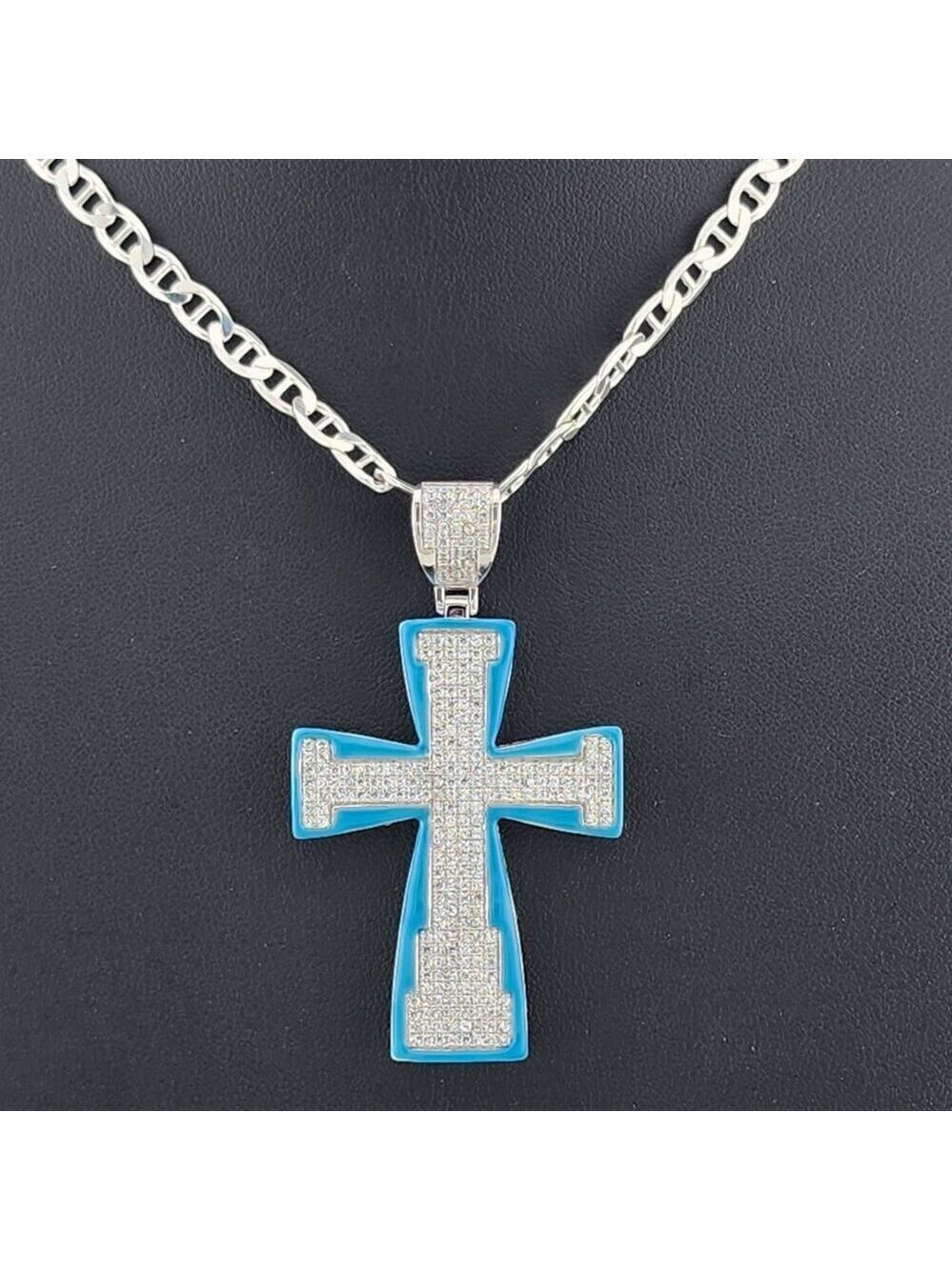 Sterling Silver Cross Necklace with Blue Inlay – 925 Silver